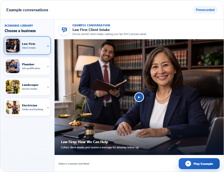 Sayable.ai example conversations with business choices and a Play Example button